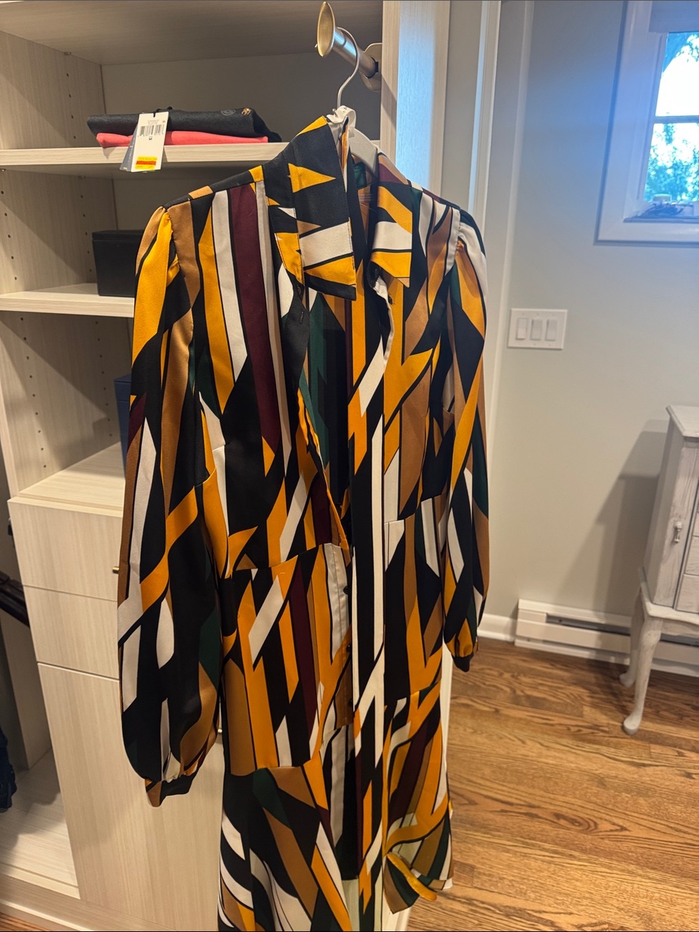 Karl Lagerfeld Geometric Long Sleeve Dress in Mustard, Black & White